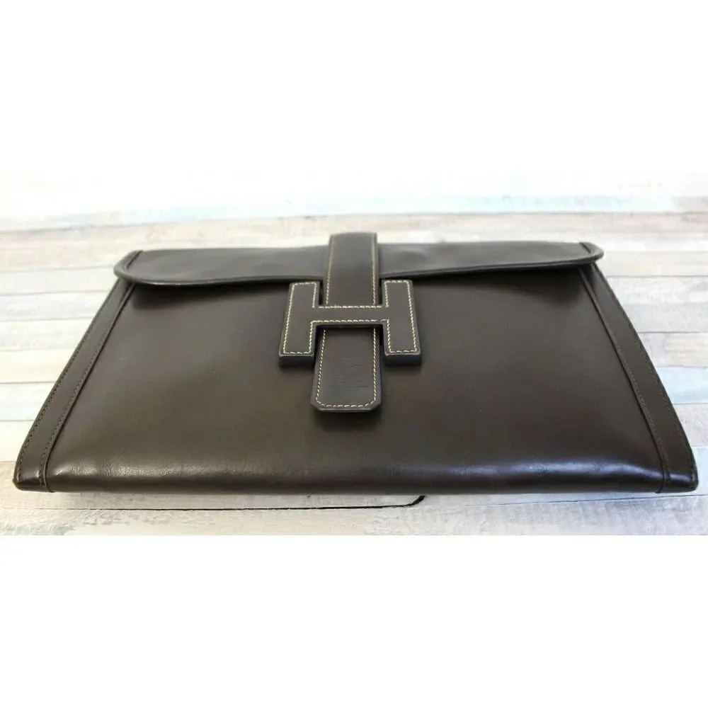 AUTHENTIC HERMÈS JIGE FRANCE BROWN GENUINE LEATHER H LOGO FRONT CLUTCH HANDBAG